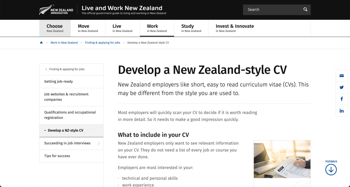 Screenshot of NZ Immigrations webpage about writing NZ CVs.